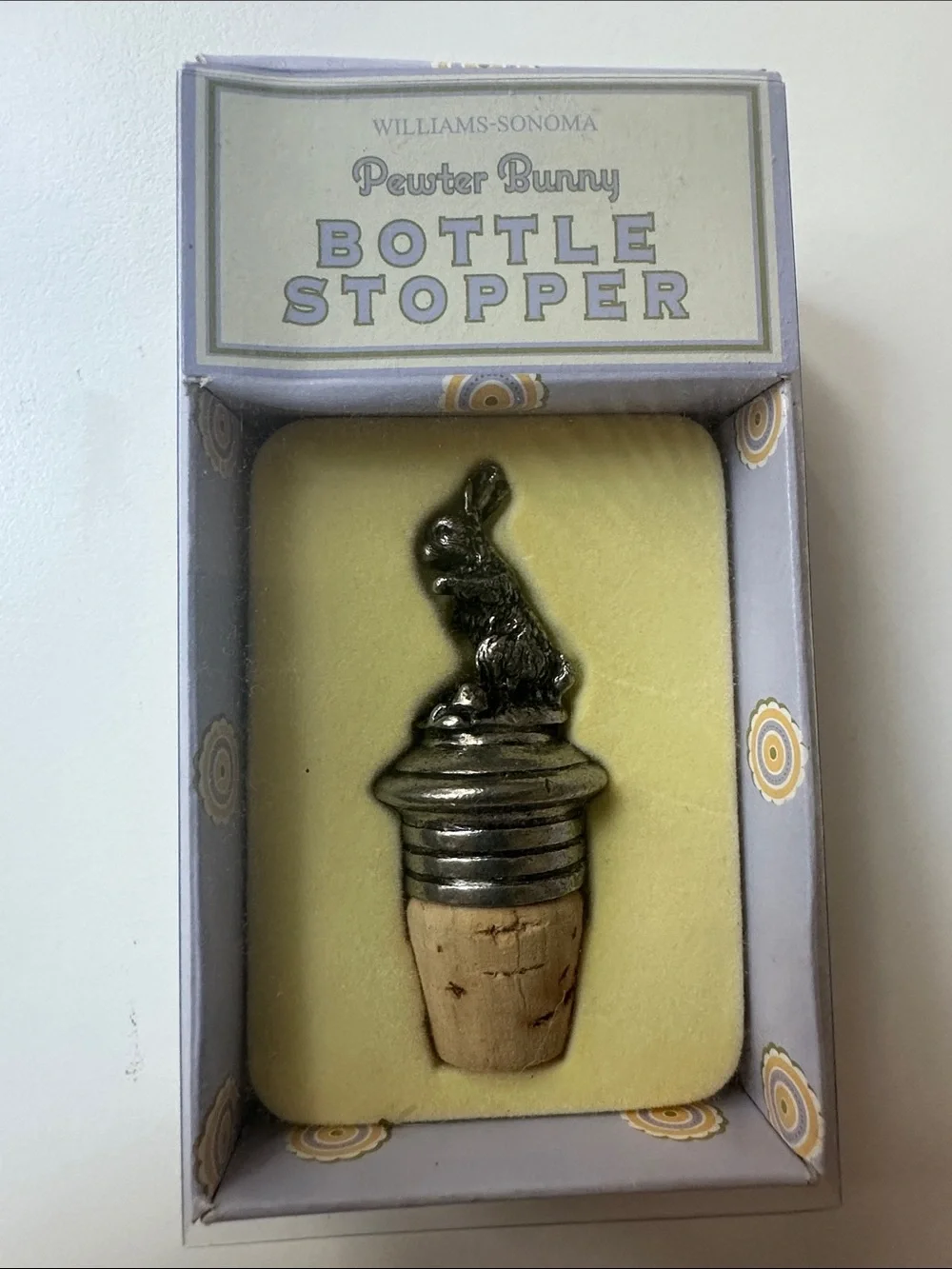 Vintage new Williams-Sonoma Silver Pewter Bunny Bottle Stopper with Natural Cork